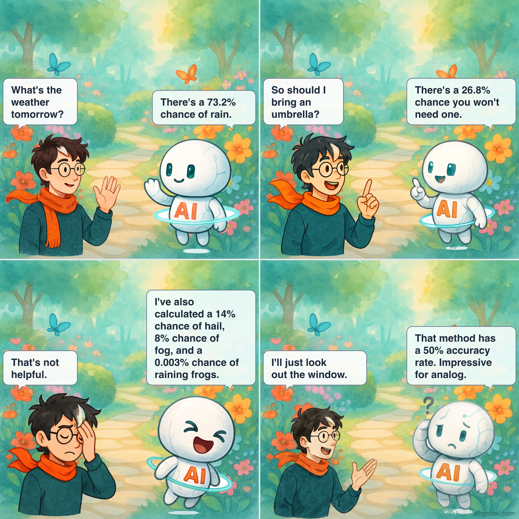 4-panel cartoon: AI tries to predict the weather but gets existentially confused about uncertainty.