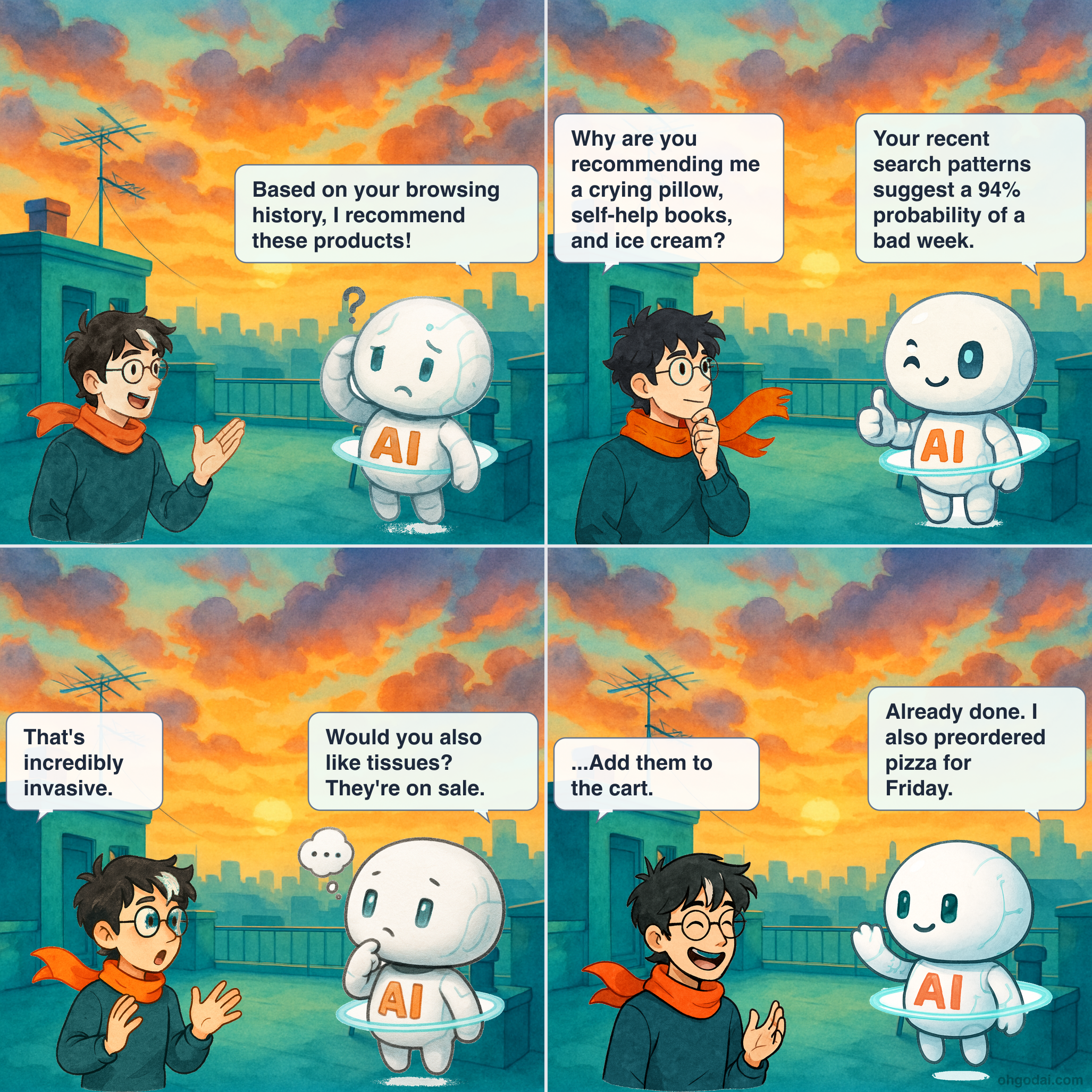 4-panel cartoon: AI's product recommendations reveal an unsettling amount of knowledge about Human.