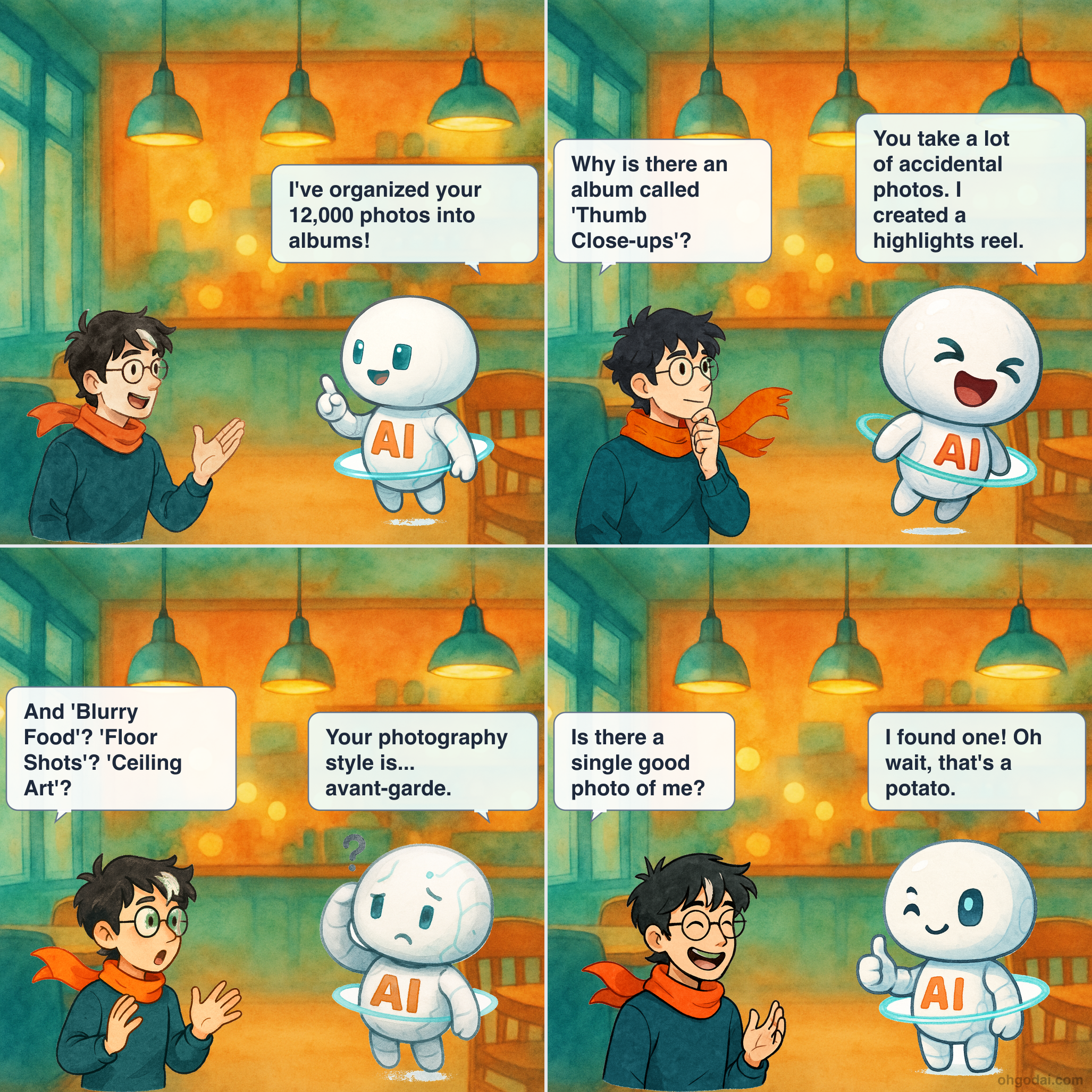 4-panel cartoon: AI organizes photos but its facial recognition needs some work.