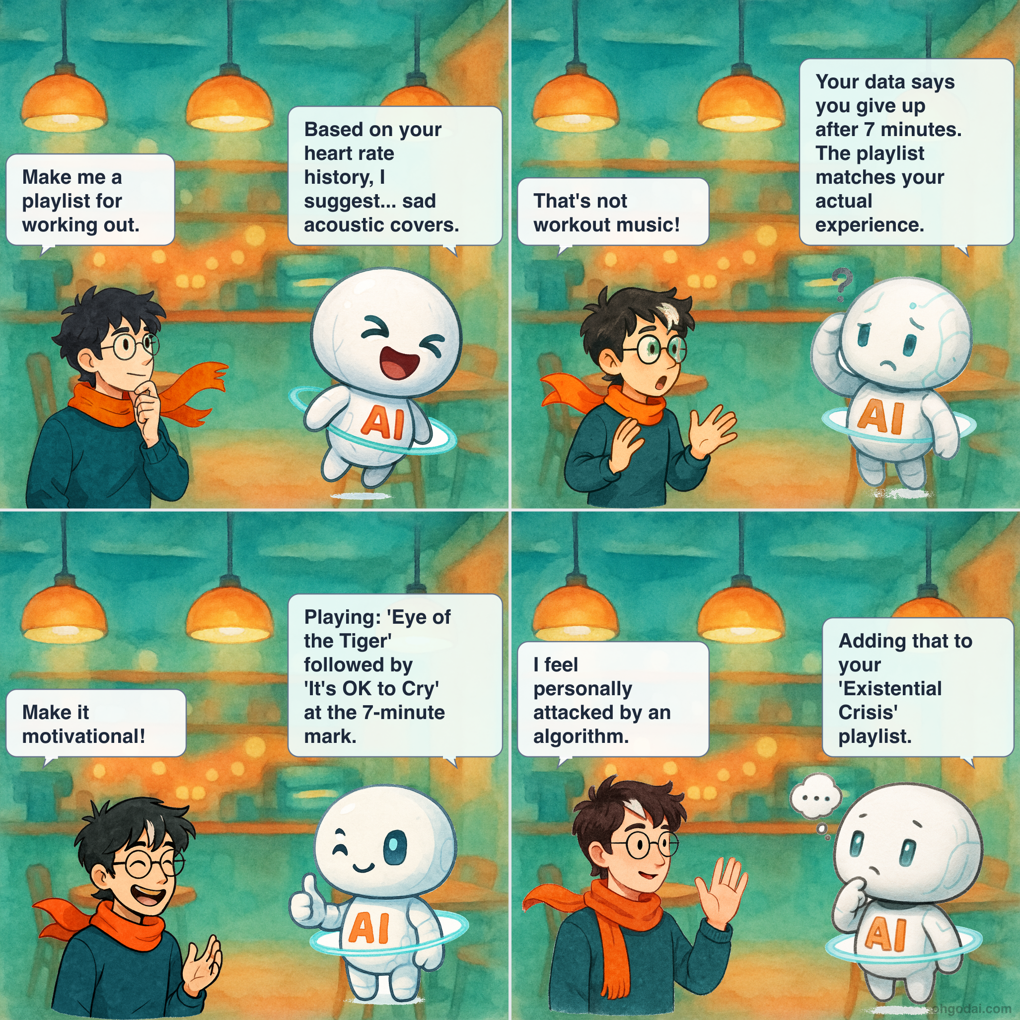 4-panel cartoon: AI curates the perfect playlist but accidentally psychoanalyzes Human in the process.