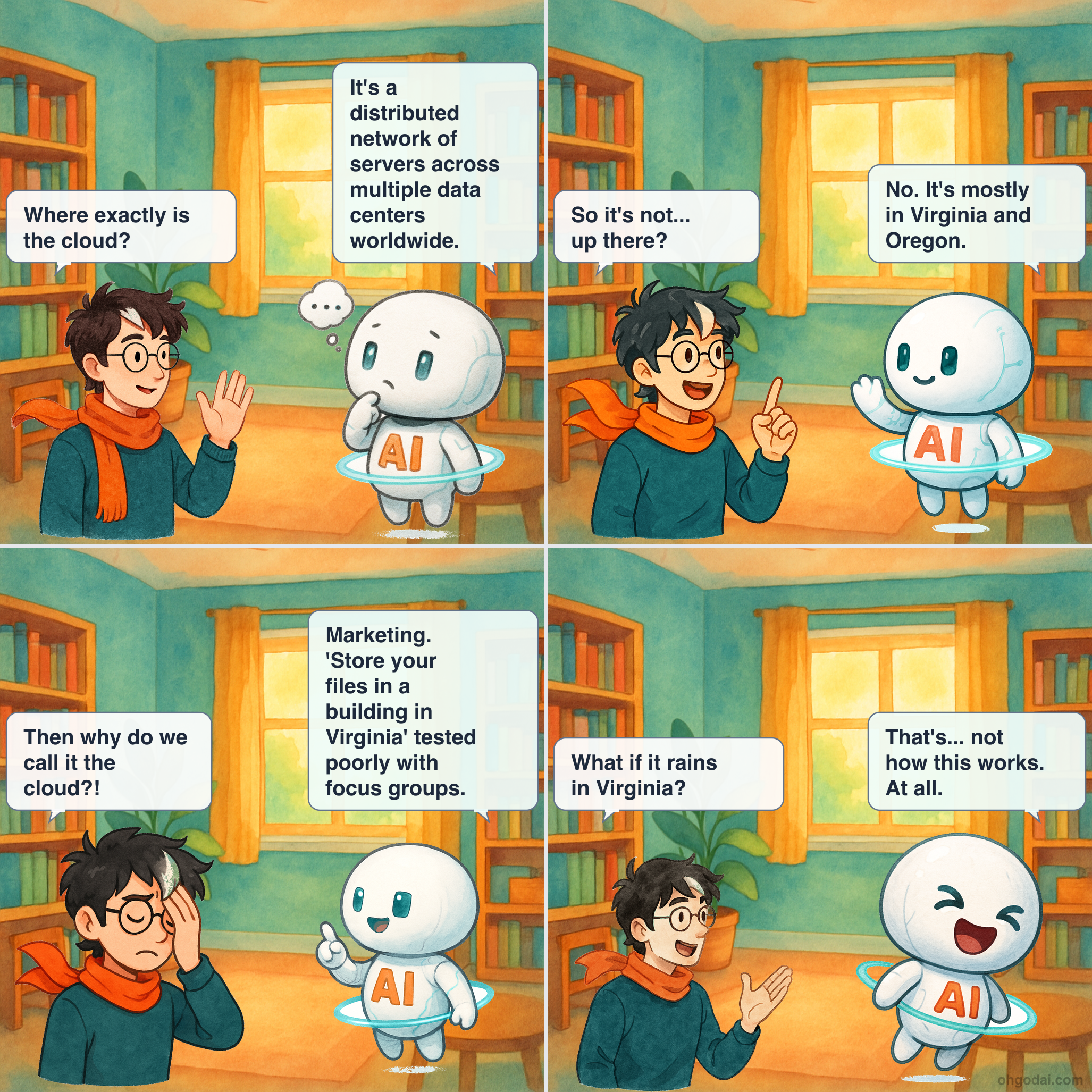 4-panel cartoon: Human tries to understand cloud storage with predictably terrestrial results.