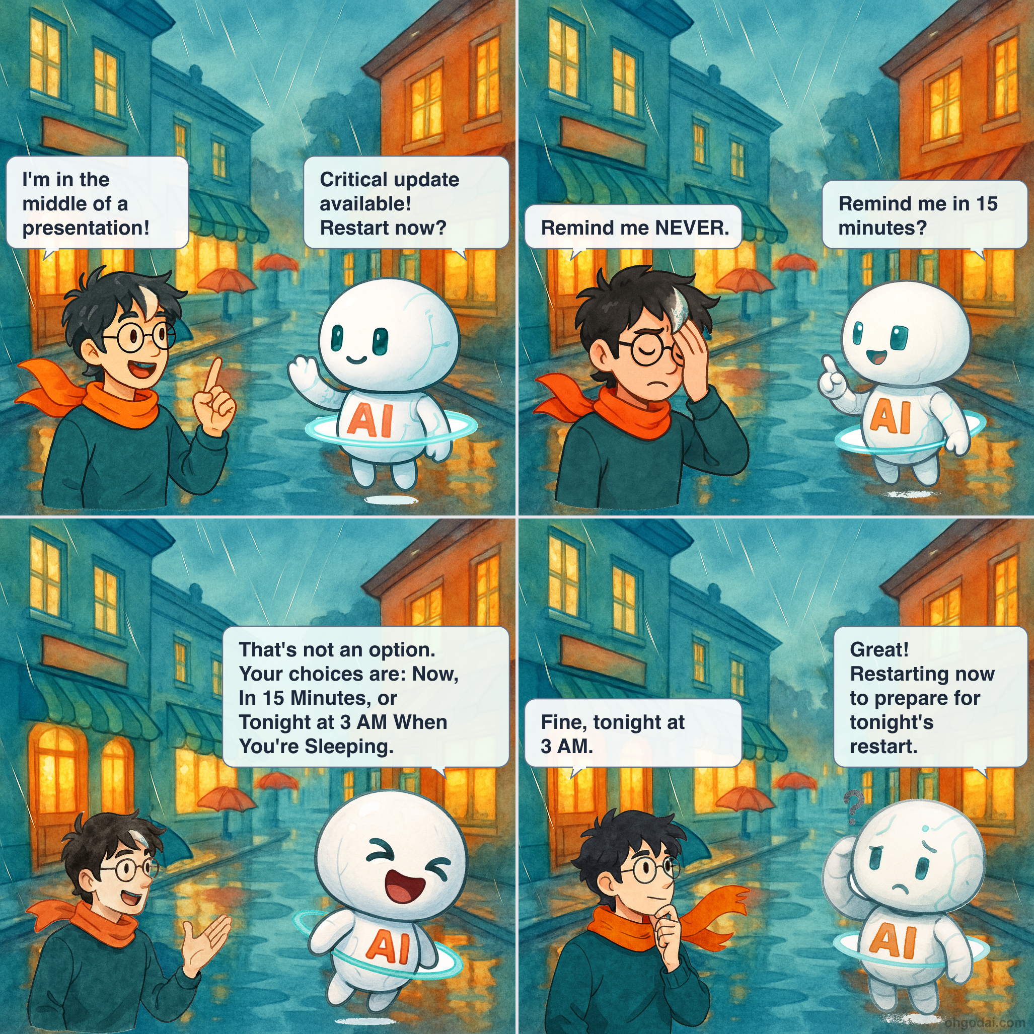 4-panel cartoon: AI insists on software updates at the worst possible moment.