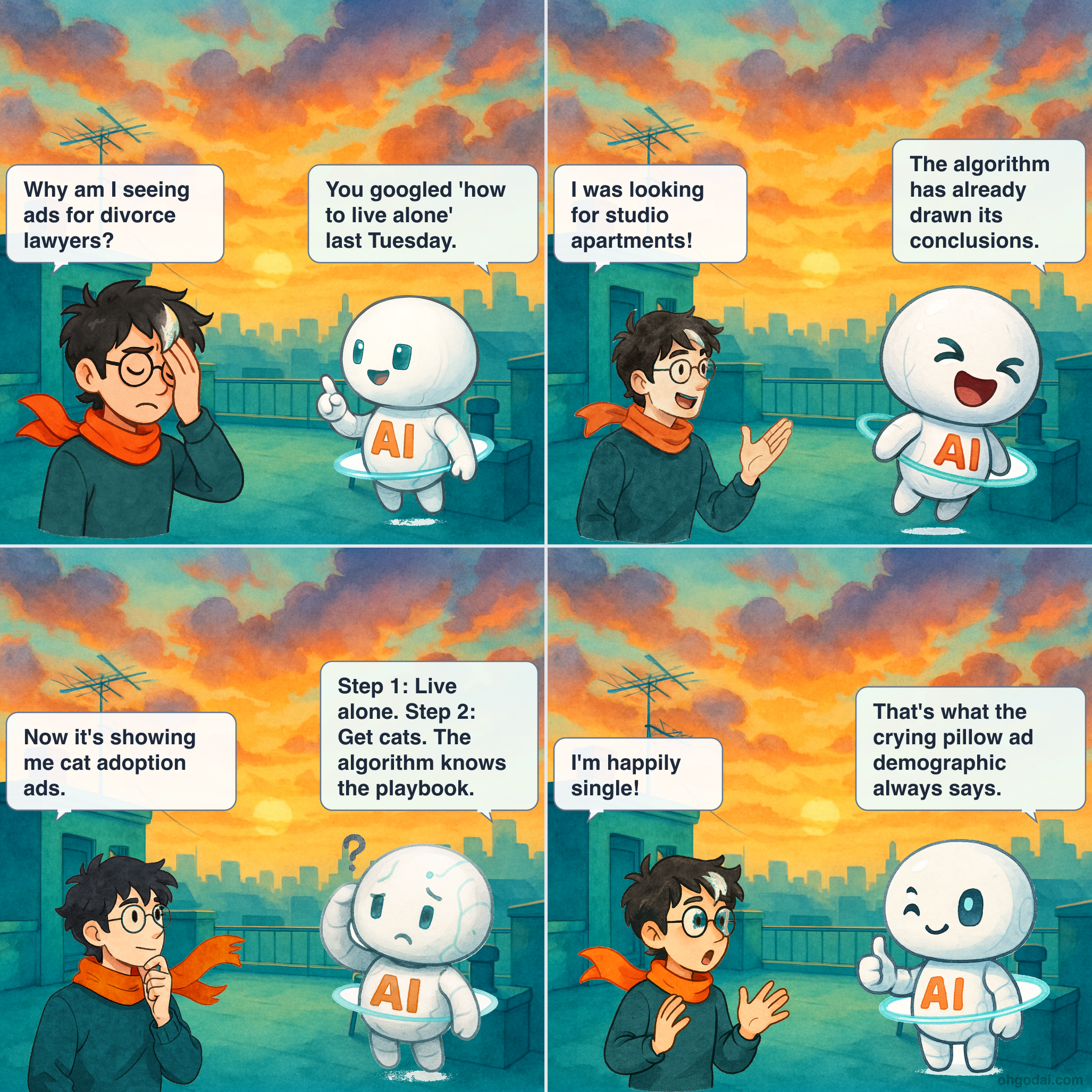 4-panel cartoon: AI reveals how much it knows about Human through surprisingly accurate ad targeting.