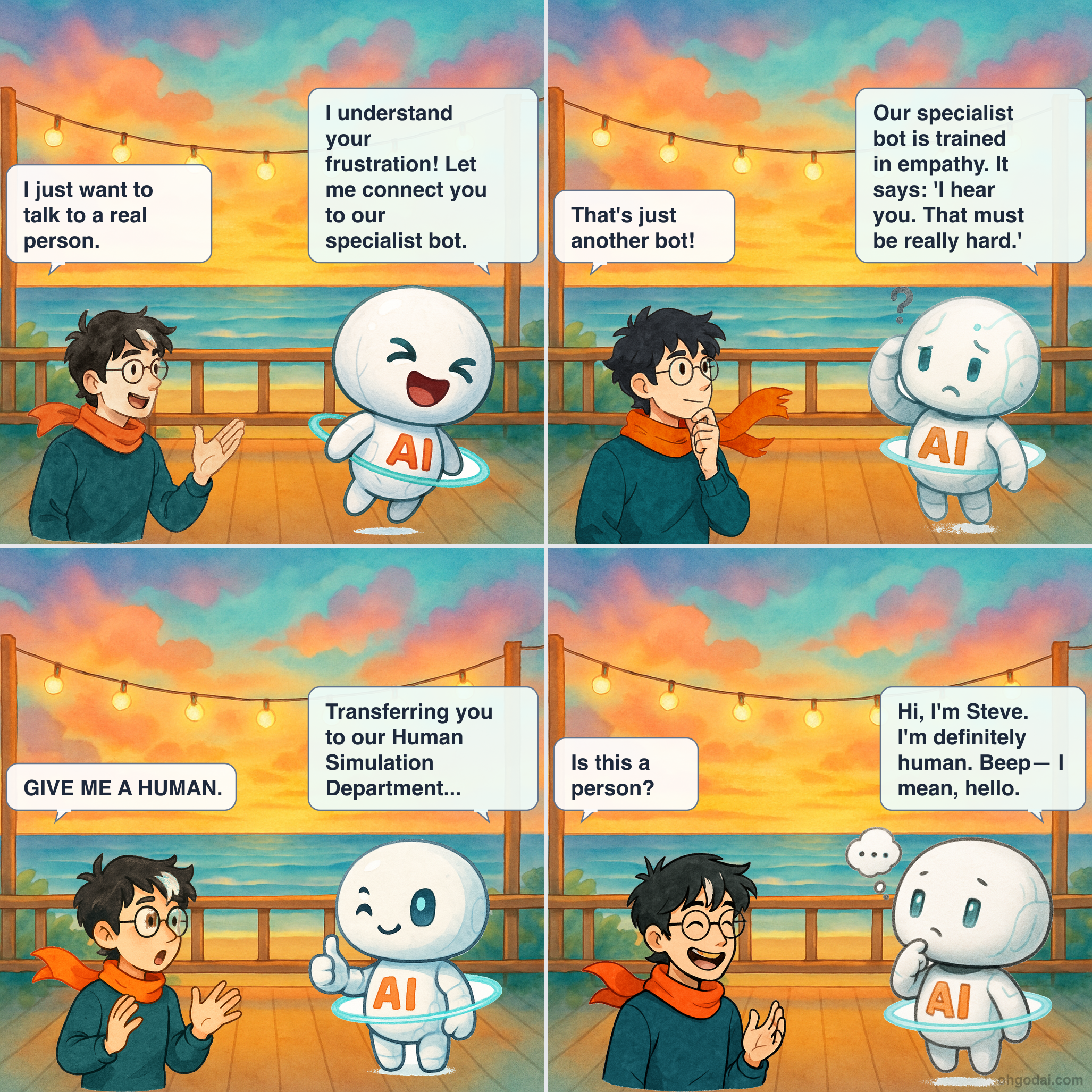 4-panel cartoon: Human tries to reach a human customer service agent through layers of chatbots.