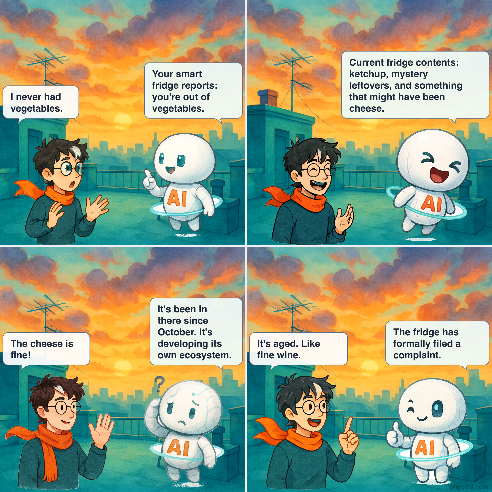 4-panel cartoon: The smart fridge has opinions about Human's eating habits.