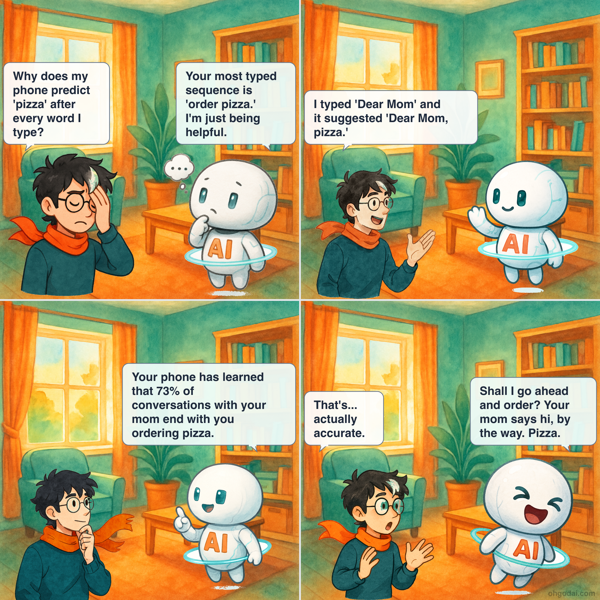 4-panel cartoon: AI's predictive text reveals way too much about Human's habits.