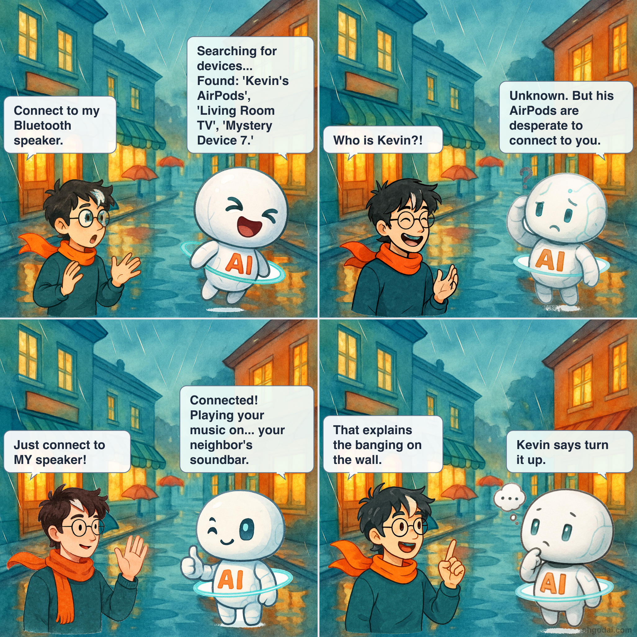 4-panel cartoon: Human tries to connect a Bluetooth device. It goes about as well as expected.