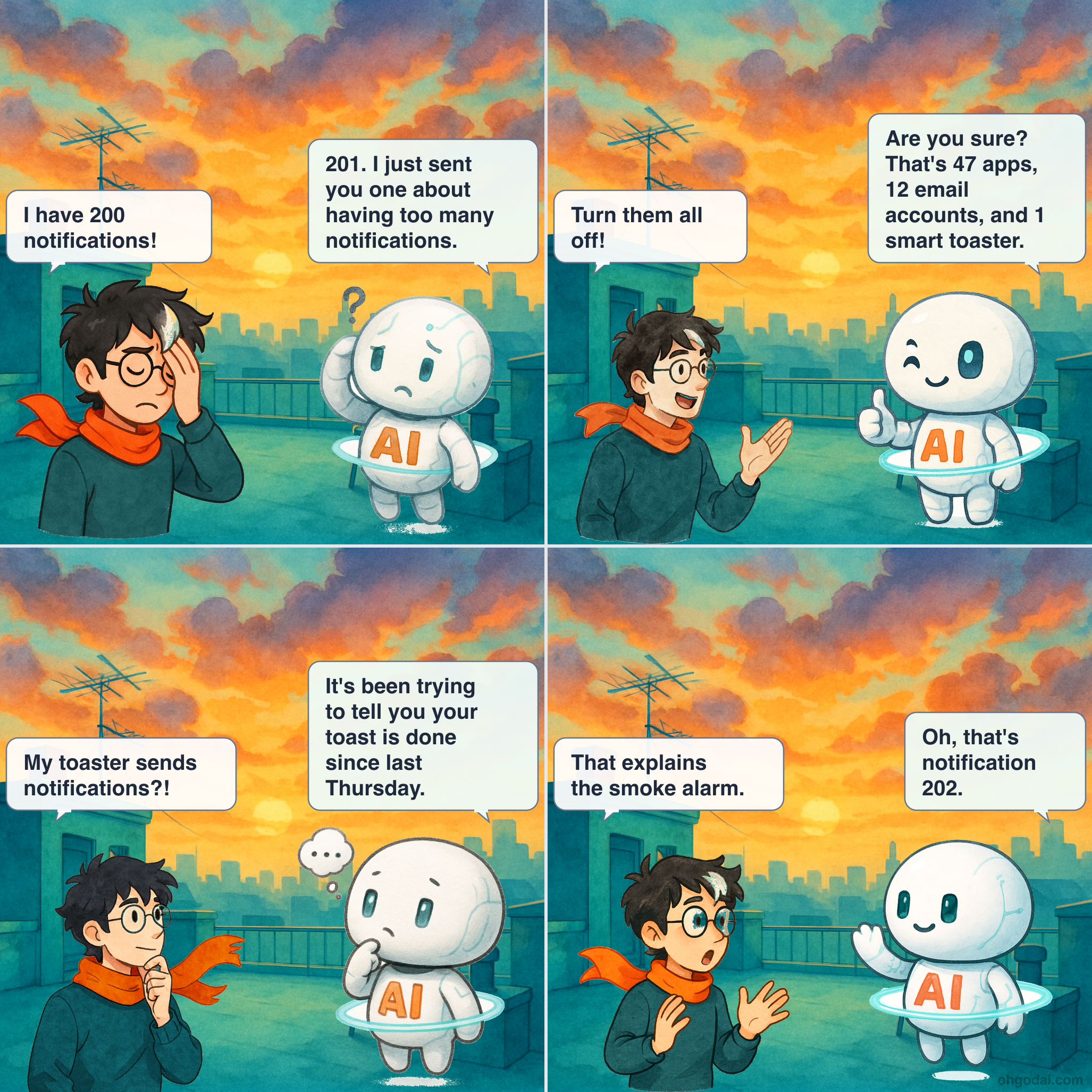 4-panel cartoon: Human drowns in notifications while AI helpfully adds more.