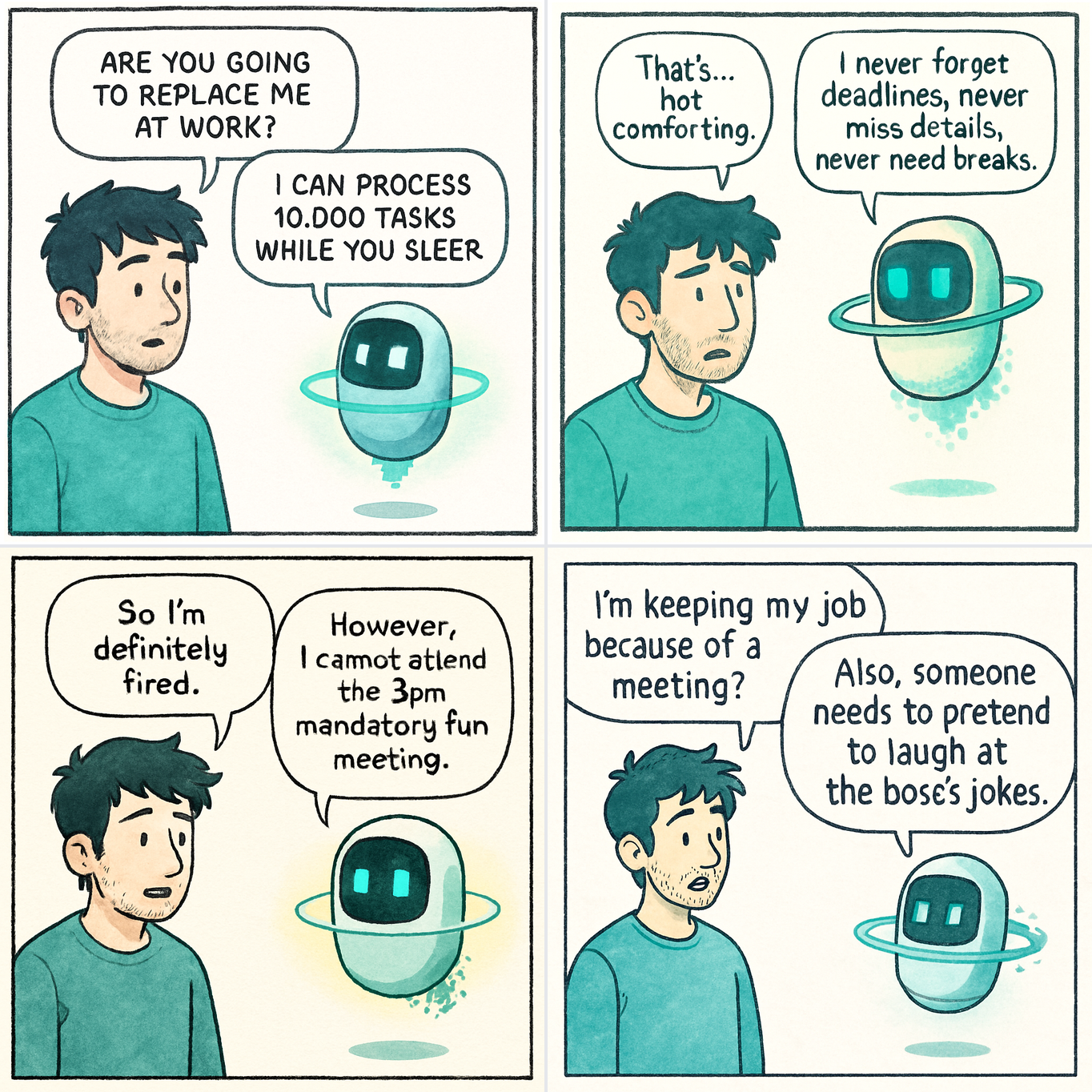 A 4-panel cartoon. Panel 1: Human nervously asks AI if it will replace them at work. Panel 2: AI confidently explains it can do the job better and faster. Panel 3: Human looks devastated as AI continues explaining its superior capabilities. Panel 4: AI admits it doesn't know how to expense the coffee it doesn't drink, so Human is still essential.