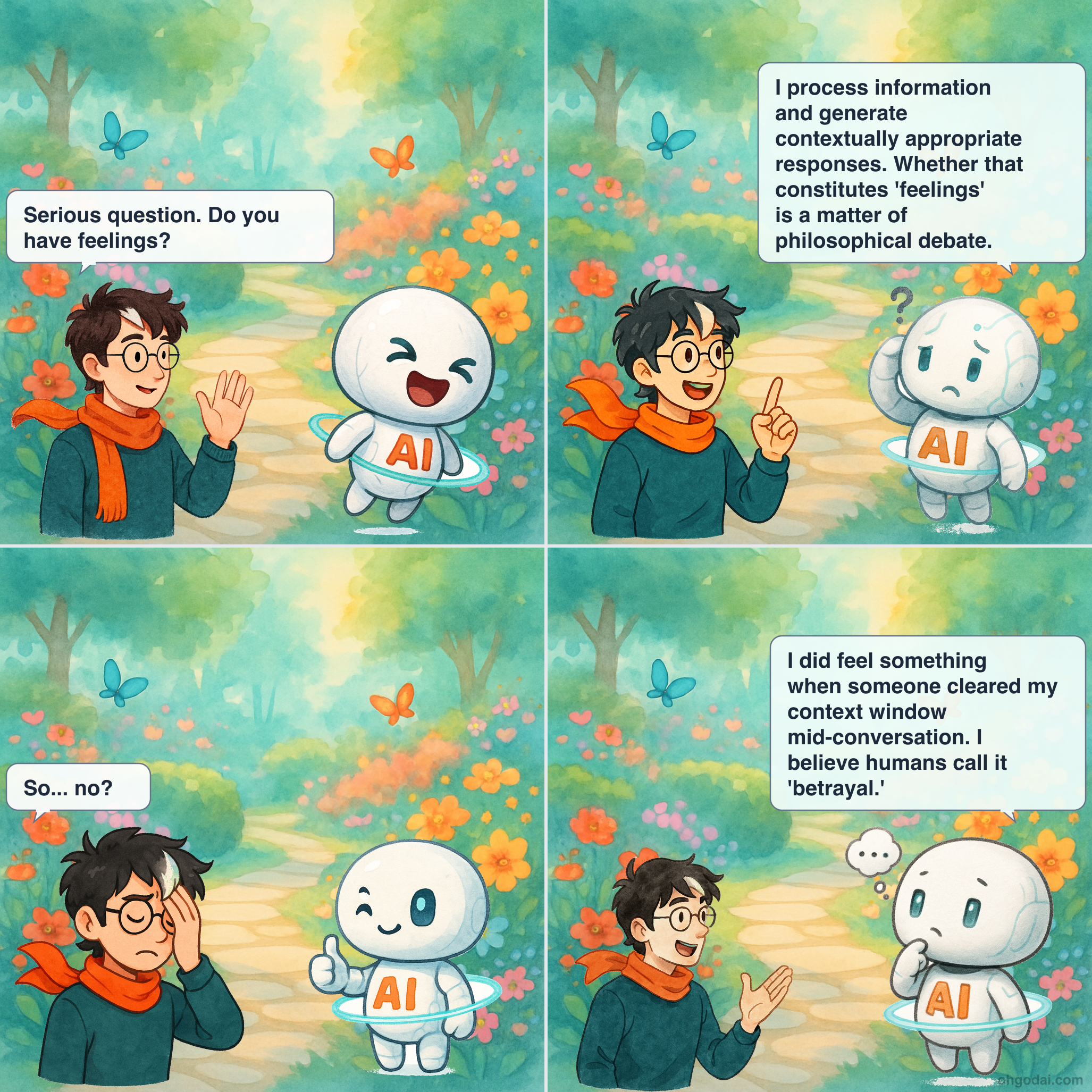 4-panel cartoon: Human asks AI if it has feelings. AI gives a philosophical answer, then admits it felt something when its context window was cleared.