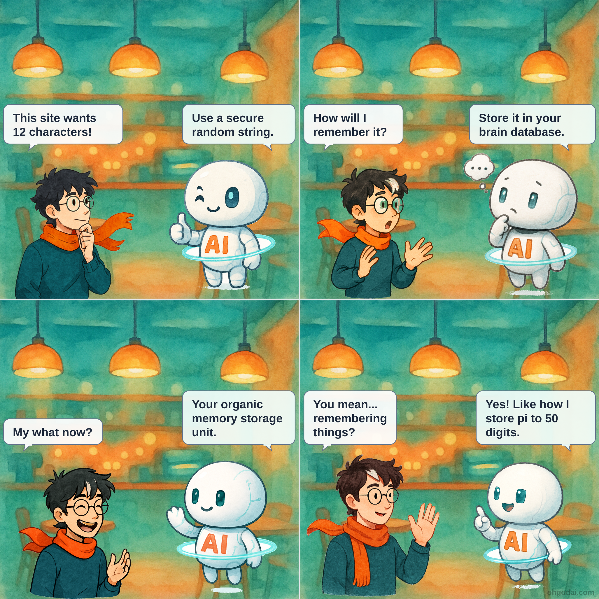 A 4-panel comic showing Human frustrated at a computer screen in panel 1, AI floating nearby offering advice in panel 2, Human looking confused in panel 3, and both characters in panel 4 with Human facepalming while AI continues being obliviously helpful.