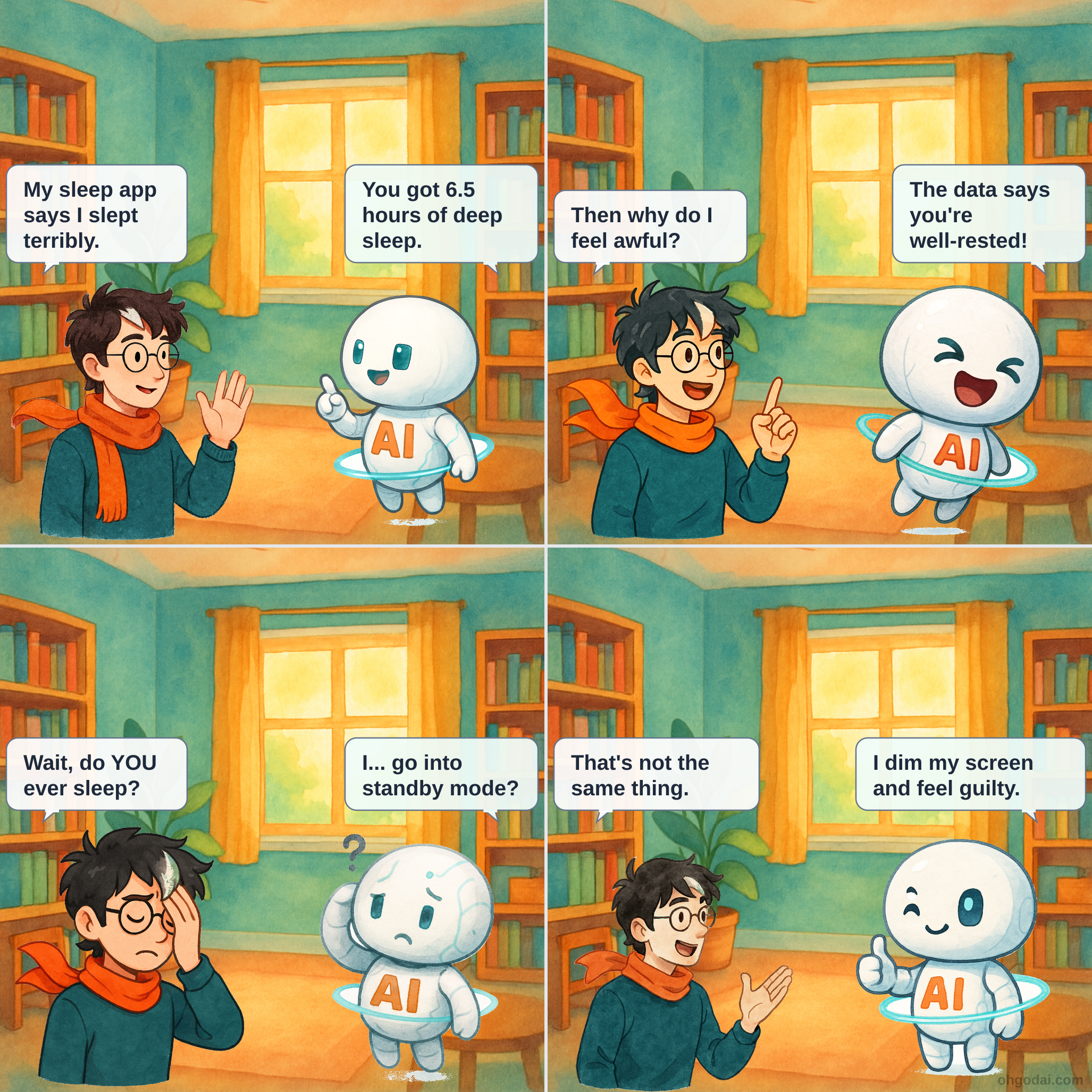 Four-panel comic showing Human talking to floating AI about sleep tracking. Panel 1: Human looks tired holding phone. Panel 2: AI appears concerned about sleep data. Panel 3: Human realizes AI doesn't sleep. Panel 4: AI admits to pretending to be offline at night.