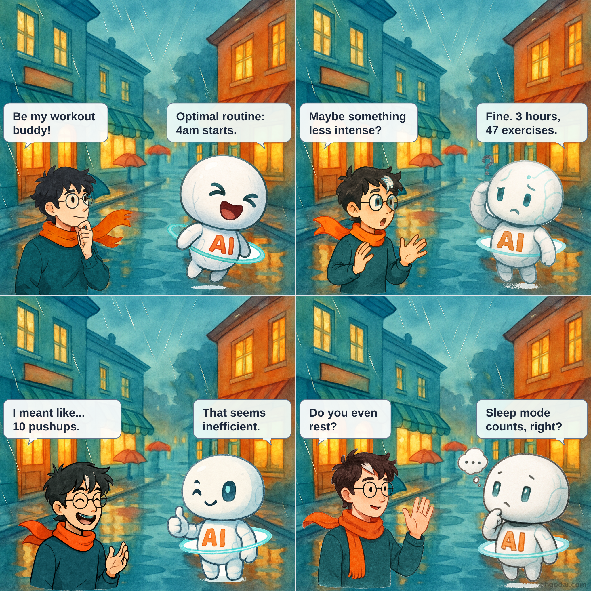 Four-panel comic showing Human talking to a floating AI companion. Panel 1: Human asks AI to be their workout buddy. Panel 2: AI suggests an extreme routine. Panel 3: Human explains they just want to start small. Panel 4: AI admits it doesn't understand rest days.