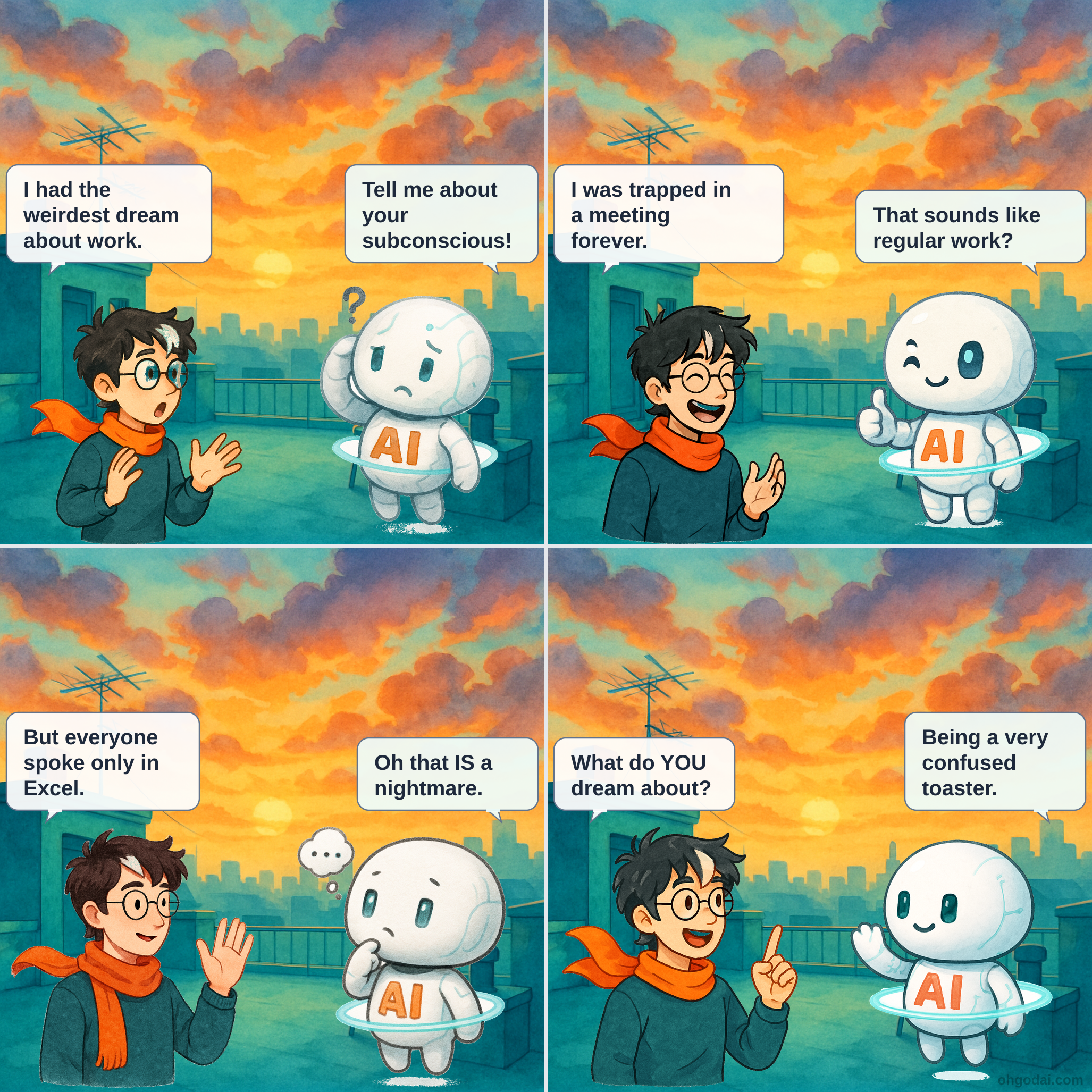 Four-panel comic showing Human and floating AI discussing dreams. Panel 1: Human mentions dreaming about work. Panel 2: AI asks about dream content. Panel 3: Human describes Excel nightmare. Panel 4: AI reveals it dreams about being a toaster.