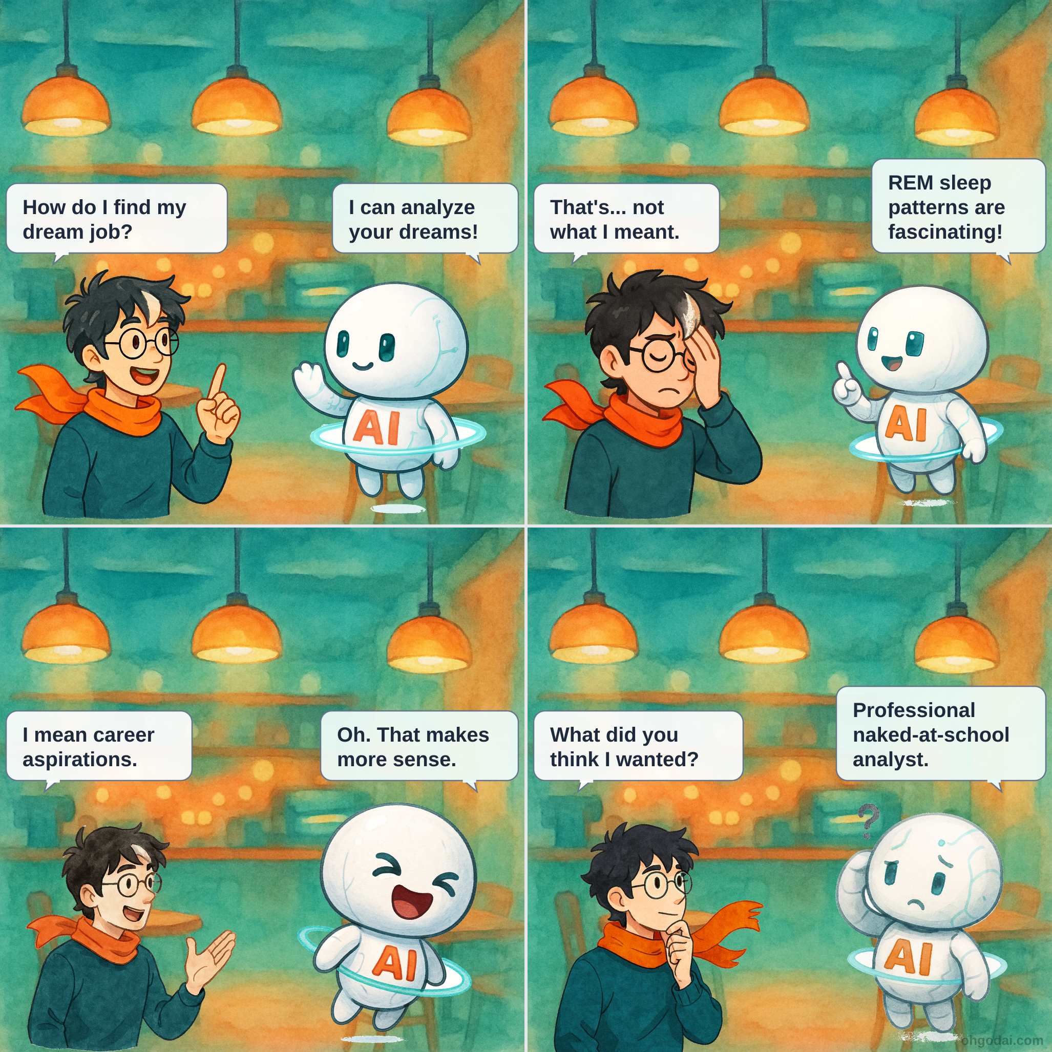 Panel 1: Human asks AI about finding their dream job while AI floats nearby. Panel 2: AI enthusiastically offers to help analyze dreams. Panel 3: Human clarifies they mean career aspirations, not literal dreams. Panel 4: AI admits it thought they wanted to professionally analyze their weird naked-at-school dreams.
