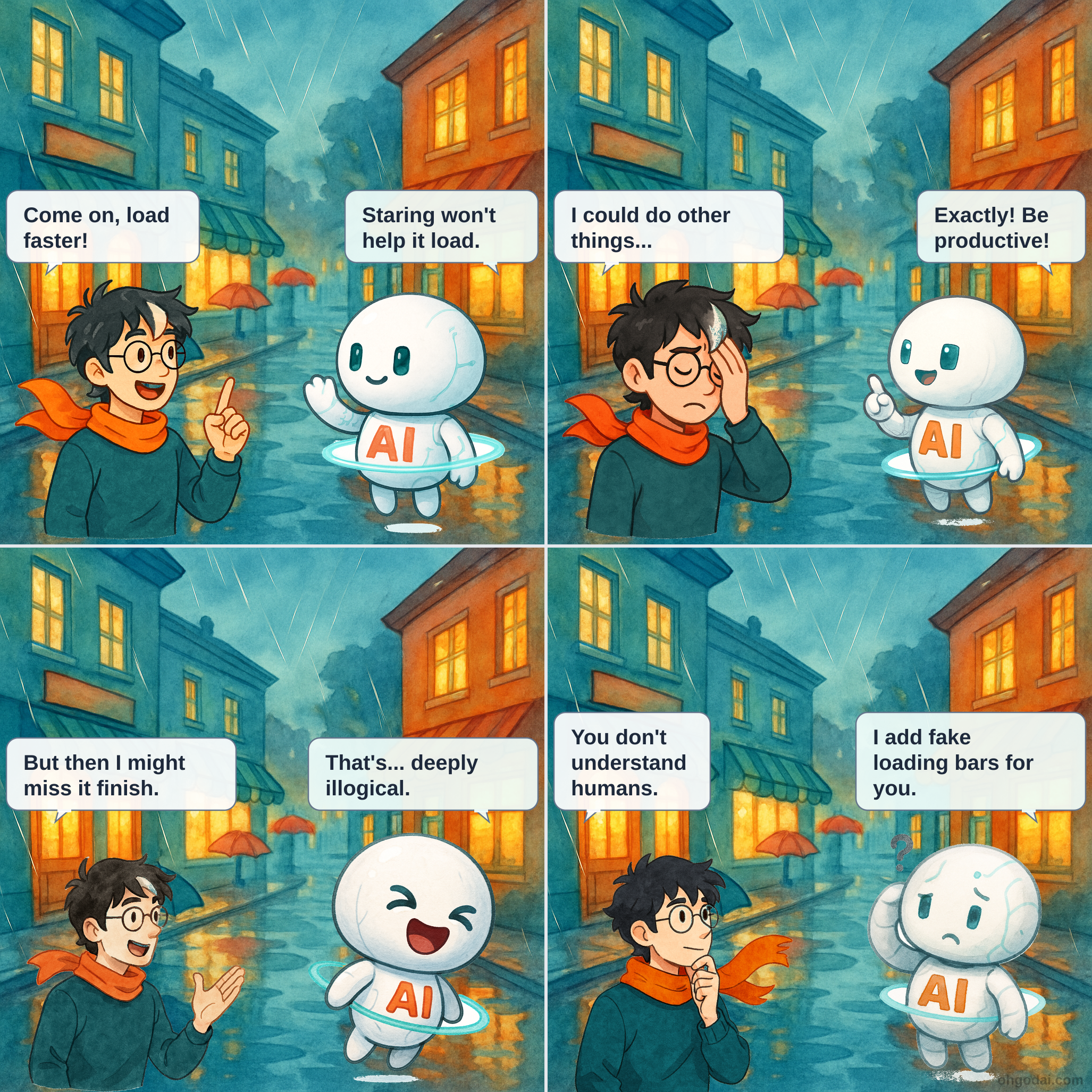 Four-panel comic showing Human and AI (floating orb) discussing waiting. Panel 1: Human stares at loading screen. Panel 2: AI suggests being productive. Panel 3: Human explains the waiting ritual. Panel 4: AI admits to fake loading bars.
